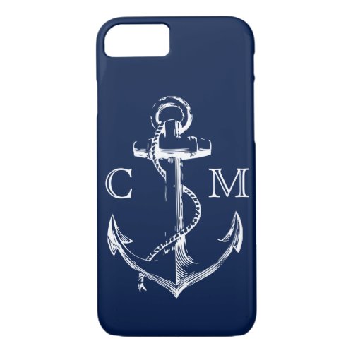 Nautical Navy Blue Sketch Anchor Monogrammed  iPhone 87 Case