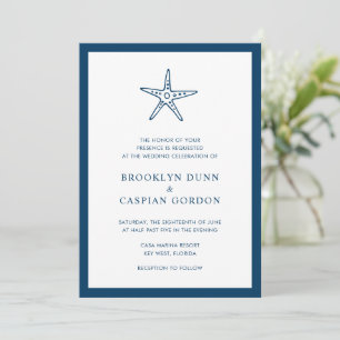 Nautical Navy Blue Starfish Beach Elegant Wedding Invitation