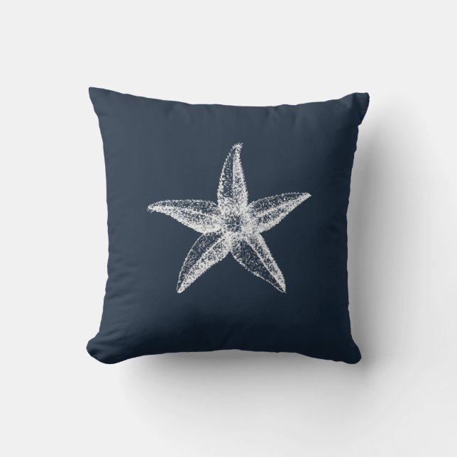 Nautical Navy Blue Starfish & Crab Throw Pillow (Front)