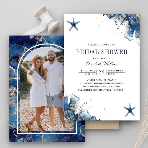 Nautical Navy Blue Starfish Photo Bridal Shower Invitation