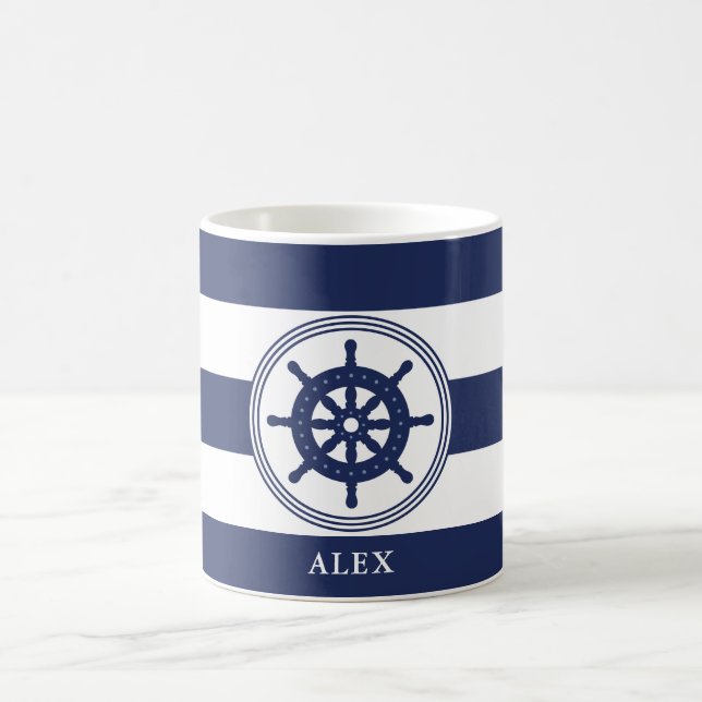 Nautical Navy Blue Steering Wheel Personalized Coffee Mug (Center)
