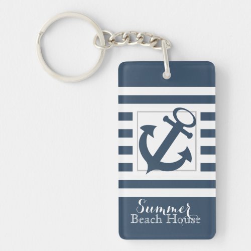 Nautical Navy Blue Stripe Beach House Keychain