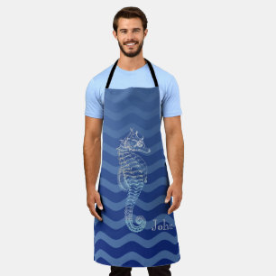 Nautical Navy Blue Stripe Waves Seahorse Apron