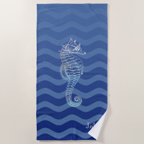 Nautical Navy Blue Stripe Waves Seahorse Beach Towel