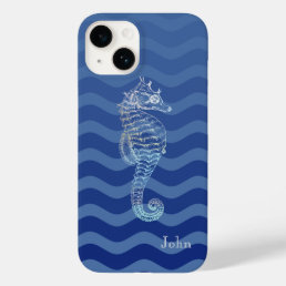 Nautical Navy Blue Stripe Waves Seahorse Case-Mate iPhone 14 Case