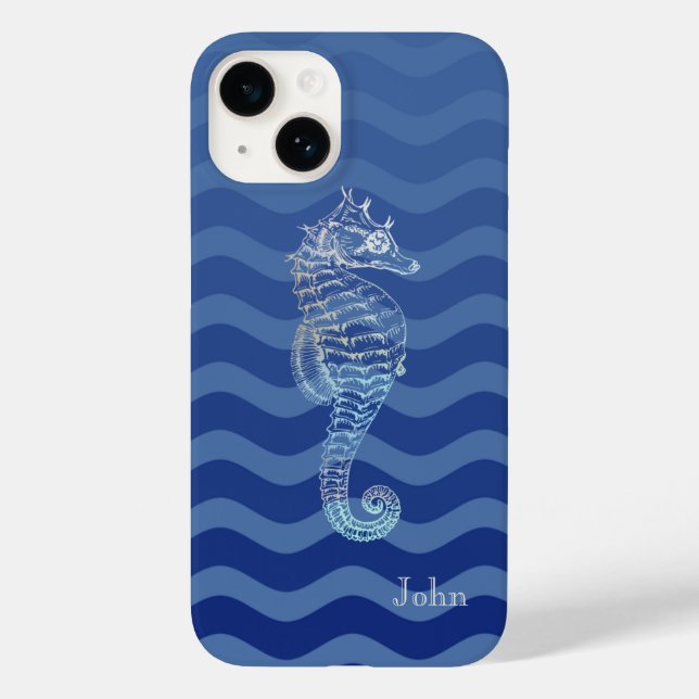 Nautical Navy Blue Stripe Waves Seahorse Case-Mate iPhone Case (Back)