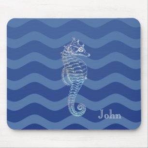 Nautical Navy Blue Stripe Waves Seahorse Mouse Pad