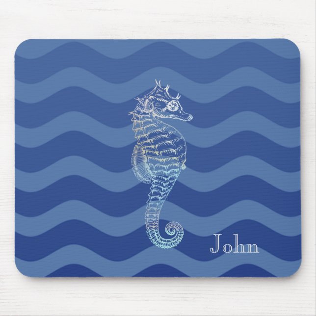 Nautical Navy Blue Stripe Waves Seahorse Mouse Pad (Front)