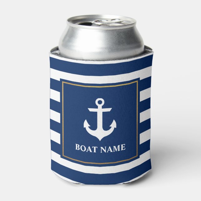 Nautical Navy Blue Striped Anchor Boat Name Can Cooler (Can Front)