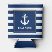 Nautical Navy Blue Striped Anchor Boat Name Can Cooler (Front)