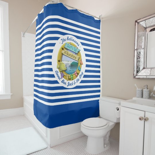 Nautical Navy Blue Striped Beach Hut Surf Sunshine Shower Curtain
