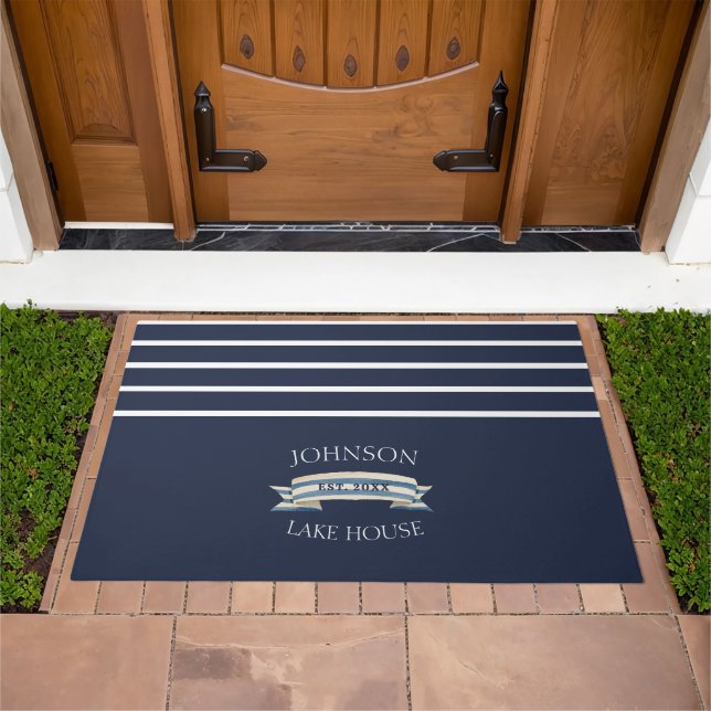 Nautical Navy Blue Striped Lake House Doormat (Outdoor)