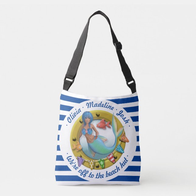 Nautical Navy Blue Striped Mermaid Summer Beach Crossbody Bag (Front)