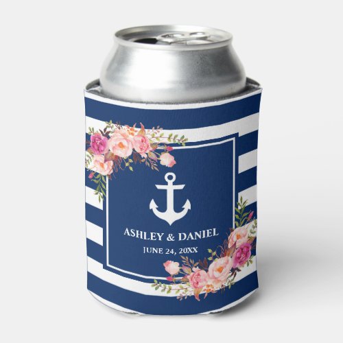 Nautical Navy Blue Striped Pink Floral Wedding Can Cooler