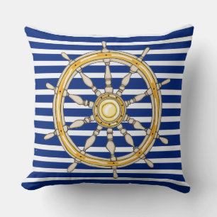 Nautical Navy Blue Striped Ship Wheel 1 Pillow