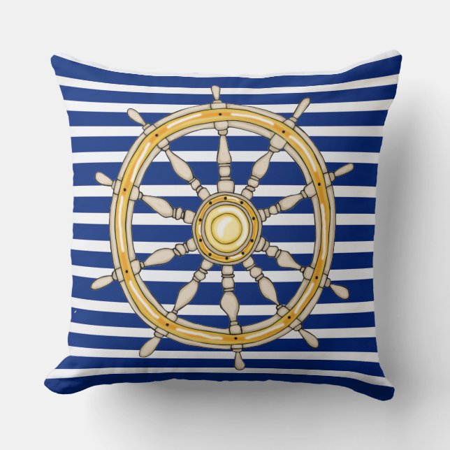 Nautical Navy Blue Striped Ship Wheel 1 Pillow (Front)