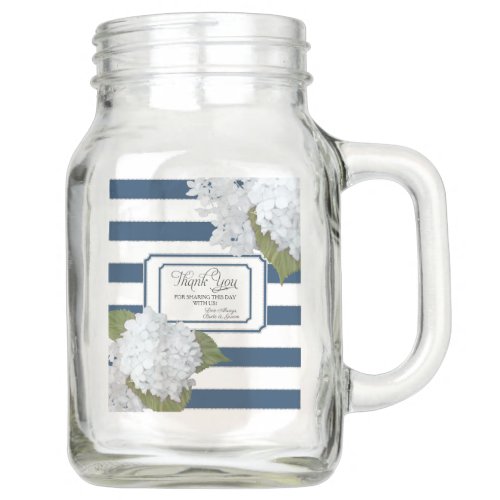 Nautical Navy Blue Striped White  Hydrangea Floral Mason Jar