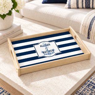 Nautical Navy Blue Stripes Anchor Badge Wedding Serving Tray