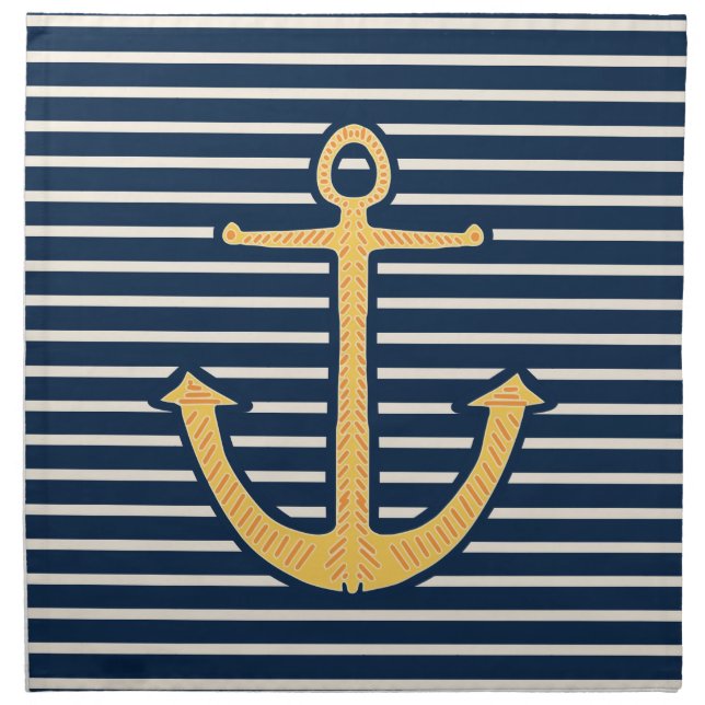 Nautical Navy blue Stripes Anchor Cloth Napkin (Front)