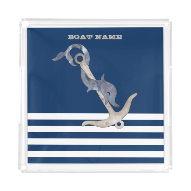 Nautical Navy Blue Stripes Anchor Dolphin Acrylic Tray (Front)