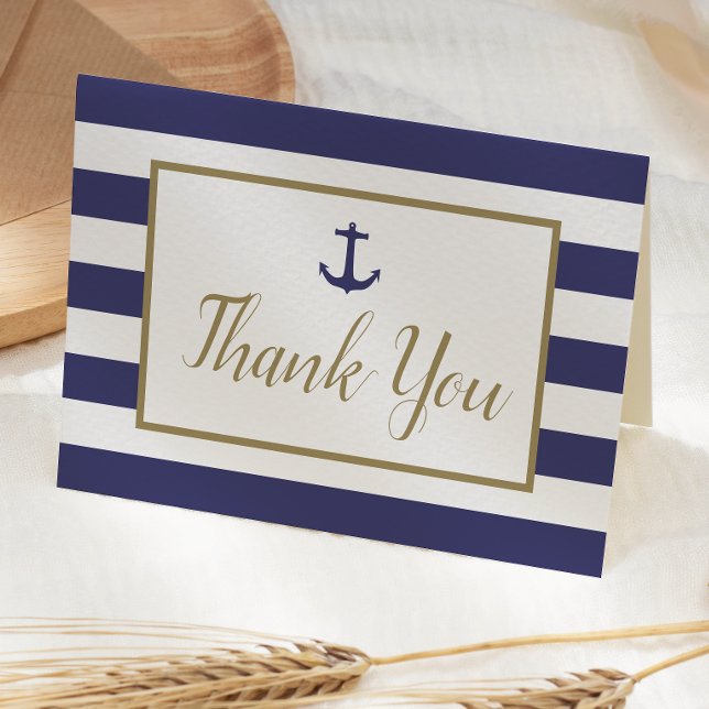 Nautical Navy Blue Stripes Anchor Gold Script Letterpress Thank You Card (Creator Uploaded)