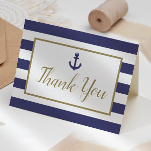 Nautical Navy Blue Stripes Anchor Gold Script Letterpress Thank You Card