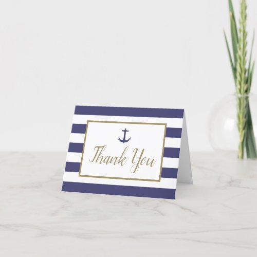 Nautical Navy Blue Stripes Anchor Gold Script Thank You Card