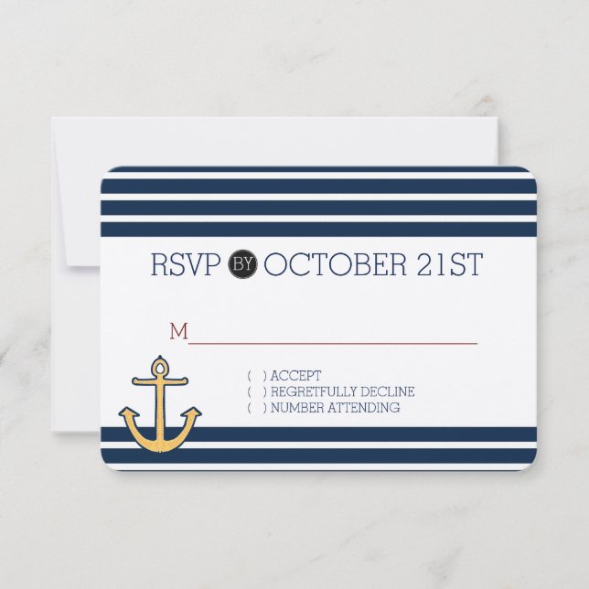Nautical Navy Blue Stripes Anchor RSVP (Front)