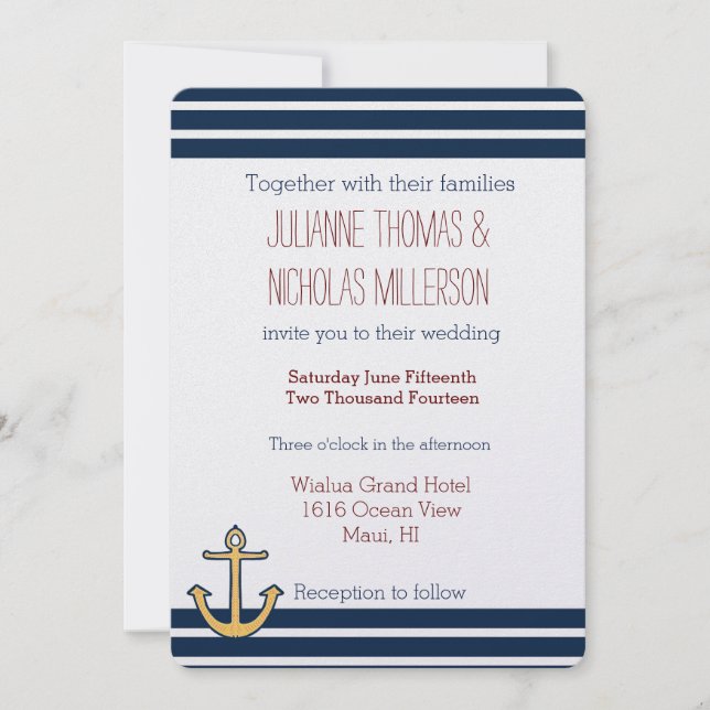 Nautical Navy Blue Stripes Anchor Wedding Invitation (Front)