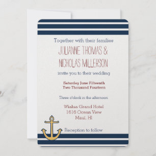 Nautical Navy Blue Stripes Anchor Wedding Invitation