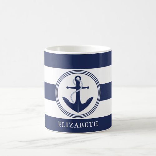 Nautical Navy Blue Stripes And Anchor Personalized Coffee Mug