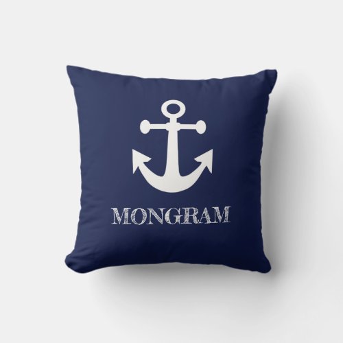 Nautical Navy Blue stripes Boat Name Anchor Throw Pillow