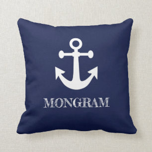 Nautical Navy Blue stripes Boat Name Anchor Throw Pillow