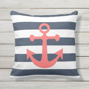 Nautical Navy Blue Stripes Coral Anchor Outdoor Pillow