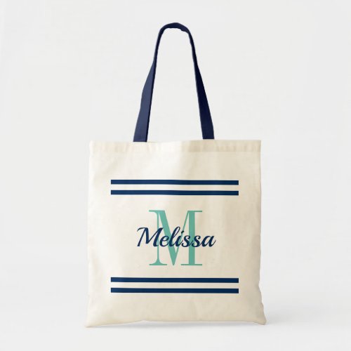 Nautical navy blue stripes elegant custom monogram tote bag