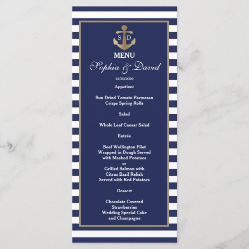 Nautical Navy Blue Stripes Gold Anchor Menu