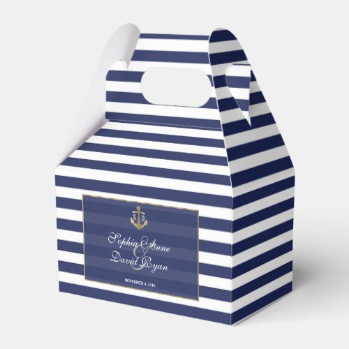 Nautical Navy Blue Stripes Gold Anchor Wedding Favor Boxes