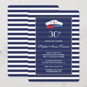 Nautical Navy Blue Stripes Gold Birthday Monogram Invitation
