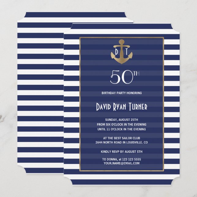 Nautical Navy Blue Stripes Gold Birthday Party Invitation (Front/Back)