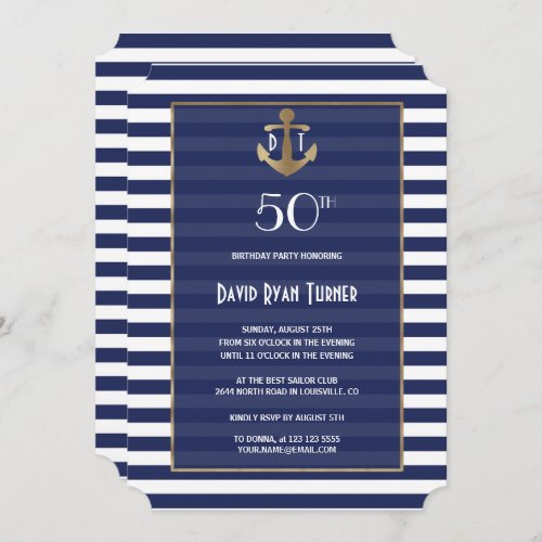 Nautical Navy Blue Stripes Gold Birthday Party Invitation