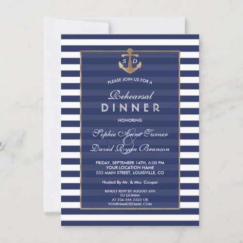 Nautical Navy Blue Stripes Gold REHEARSAL DINNER Invitation