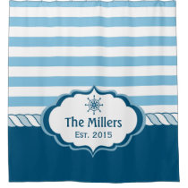Nautical Navy Blue Stripes Helm Logo Personalized Shower Curtain