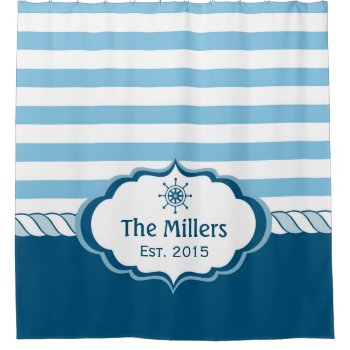 Nautical Navy Blue Stripes Helm Logo Personalized Shower Curtain by ShowerCurtain101 at Zazzle