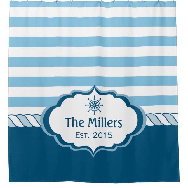 Nautical Navy Blue Stripes Helm Logo Personalized Shower Curtain (Front)