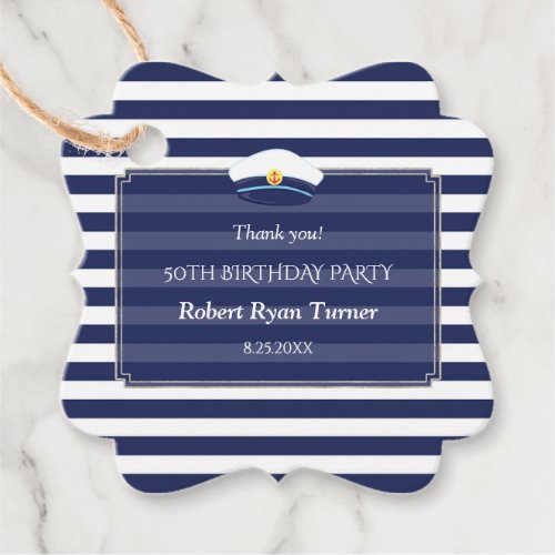 Nautical Navy Blue Stripes Man 50th Birthday Favor Tags