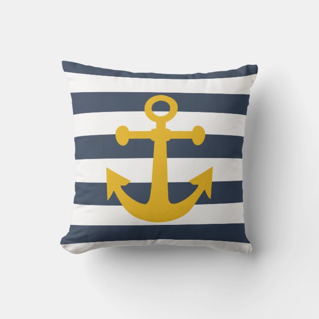 Nautical Navy Blue Stripes Mustard Yellow Anchor Throw Pillow (Front)