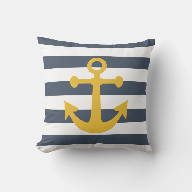 Nautical Navy Blue Stripes Mustard Yellow Anchor Throw Pillow (Front)
