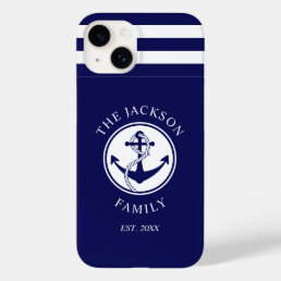 Nautical Navy Blue Stripes Pattern Family Name Case-Mate iPhone 14 Case