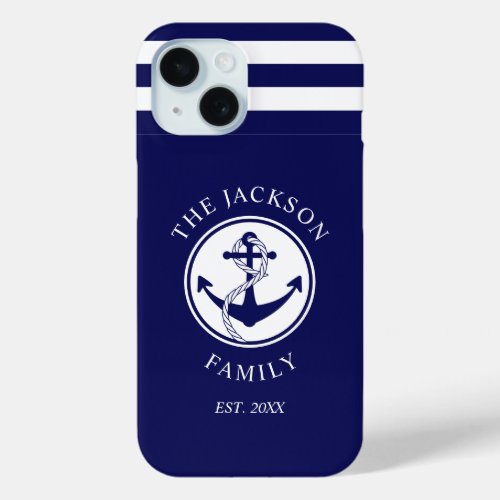 Nautical Navy Blue Stripes Pattern Family Name iPhone 15 Case