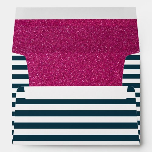 Nautical Navy Blue Stripes Pink Glitter Envelope